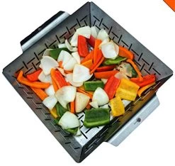 Cave Tools Vegetable Grill Basket - Large Non Stick BBQ Grid Pan For Veggies Meat Fish Shrimp & Fruit
