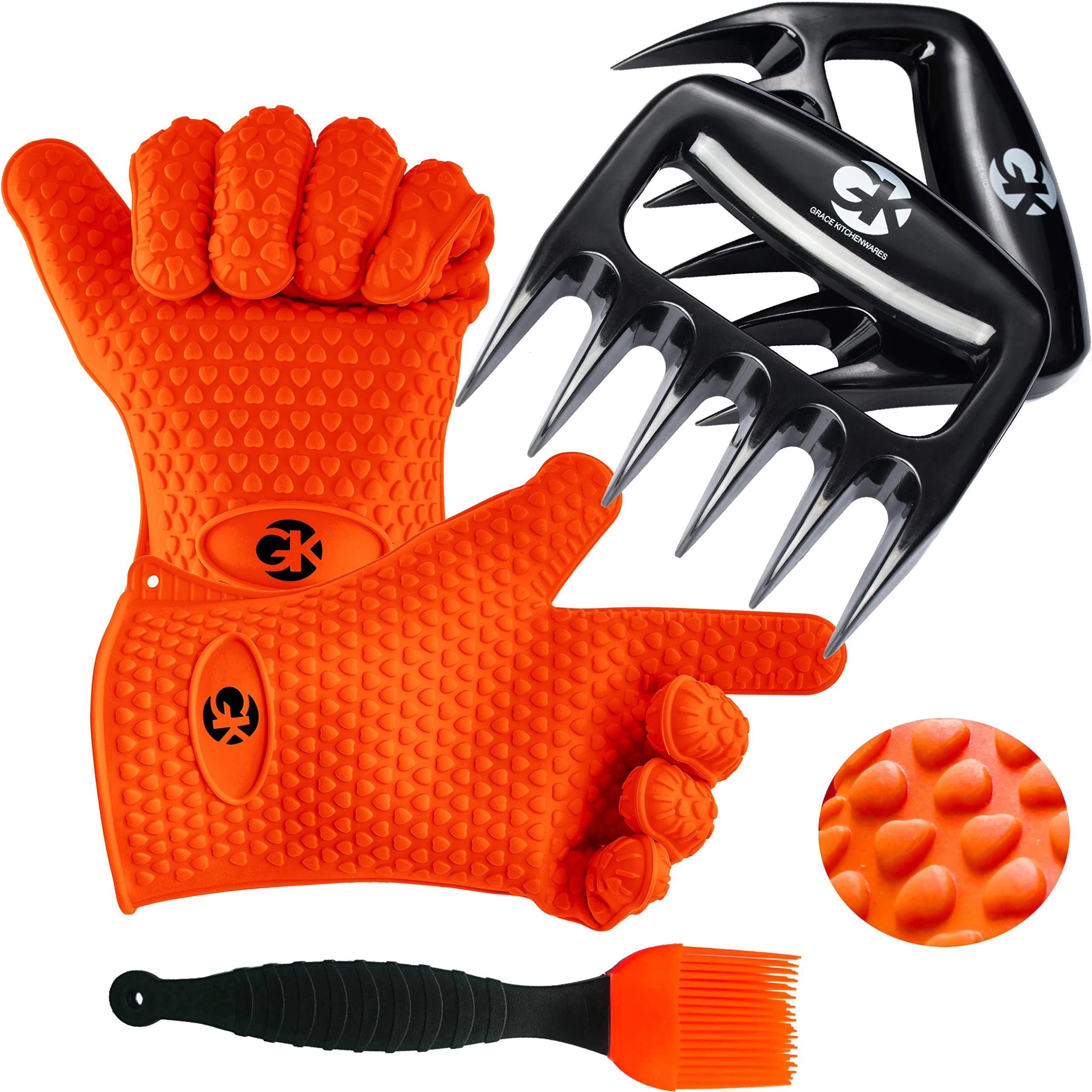 GK's 3 + 3 BBQ Man's Dream Set: Silicone BBQ Grill Gloves Plus Meat Shredder Claws Plus Silicone Basting Brush Plus 3 EBooks W/ Recipes