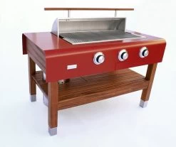 Rockwell By Caliber 60 Inch Propane Gas Grill On Cherry Wood Table - Red